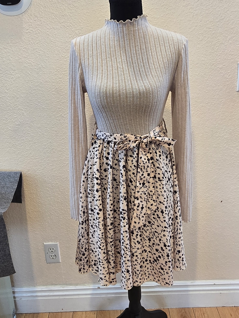 SHEIN Cream Ribbed Mock Neck Midi Dress with Printed Tie-Waist Skirt